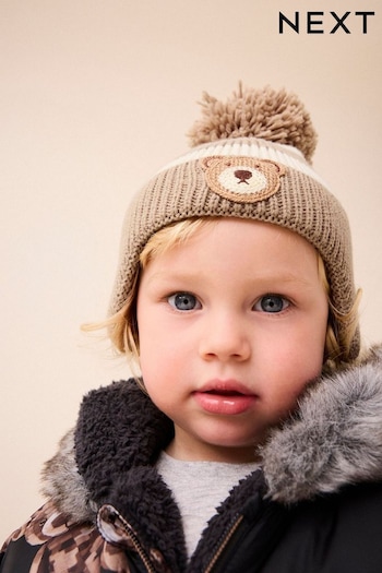 Neutral Stripe Bear Pom Hat (3mths-10yrs) (B52606) | £6 - £8