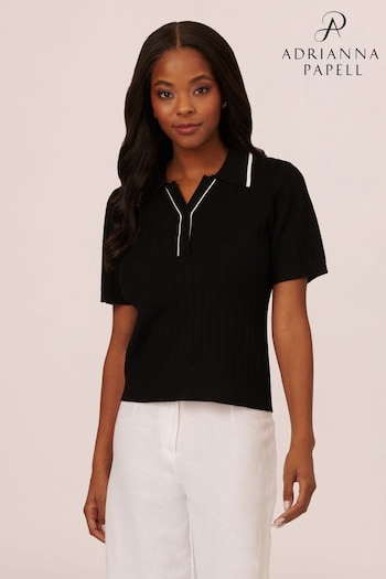 Adrianna Papell Pointelle Short Sleeve Tipped Black Polo Sweater (B52630) | £49