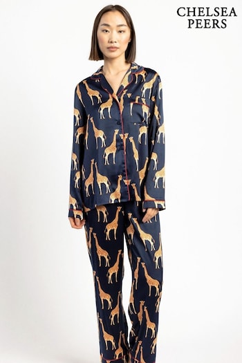 Chelsea Peers Blue Satin Giraffe Print Long Pyjama Set (B52644) | £55