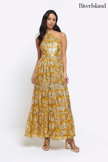 River Island Yellow Halter Floral Maxi Dress (B52668) | £70