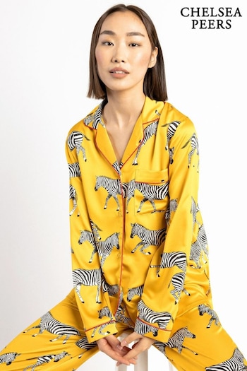 Chelsea Peers Yellow Satin Mustard Zebra Print Long Pyjama Set (B52810) | £55