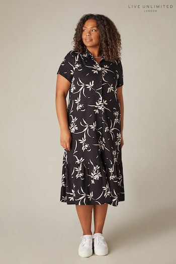 Live Unlimited Mono Floral Print Jersey Tiered Midi Shirt Dress (B52941) | £59