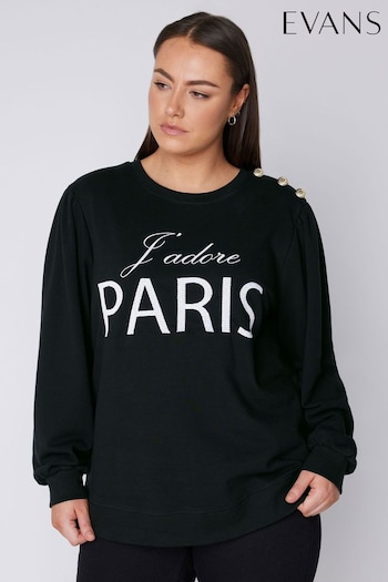 Evans Embroidered Paris Black Sweatshirt With Button Detail (B52973) | £36