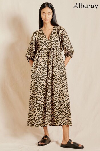 Albaray Animal V-Neck Cotton Brown Dress (B52984) | £110