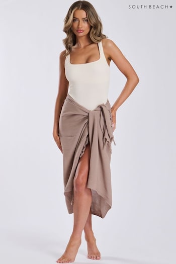 South Beach Taupe Crinkle Viscose Fringed Cover-Up (B53101) | £22