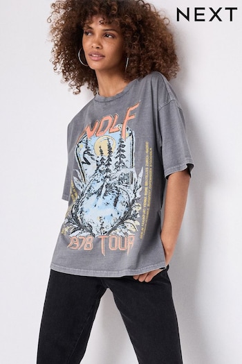 Charcoal Grey Wolf Tour Garment Dyed Embellished Beaded Short Sleeve 100% Cotton T-Shirt (B53134) | £38