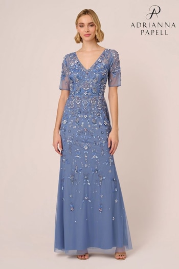 Adrianna Papell Blue Beaded Mesh Long Dress (B53272) | £349