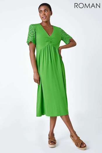 Roman Green Cotton Broderie Sleeve Midi Dress Asymmetric (B53344) | £40