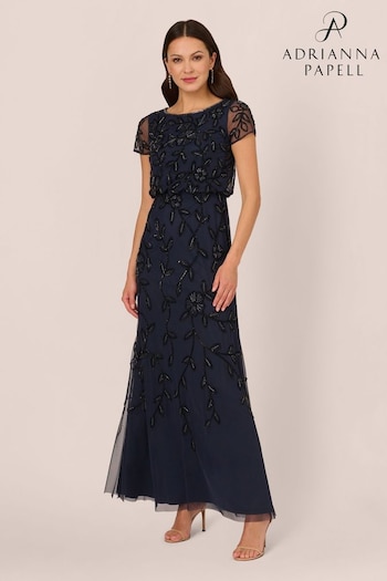 Adrianna Papell Blue Blouson Beaded Long Dress (B53440) | £249