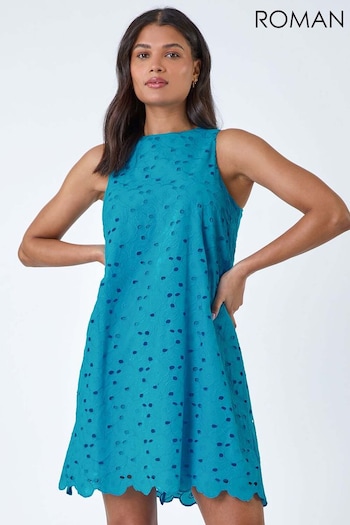 Roman Blue Cotton Embroidery Detail Shift Dress Asymmetric (B53456) | £55