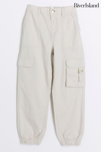 River Island Cream Girls Herringbone 100% Cotton Cargo Trousers (B53509) | £20