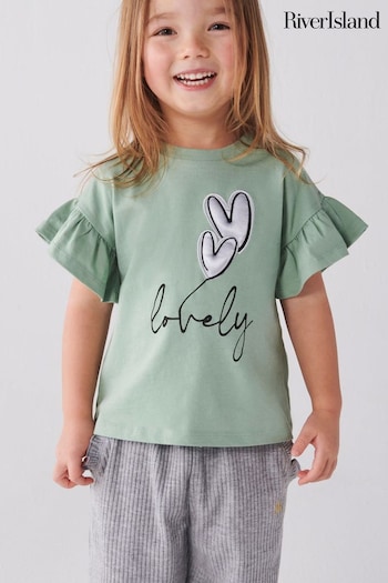 River Island Green Girls Satin Heart Lovely T-Shirt (B53573) | £10