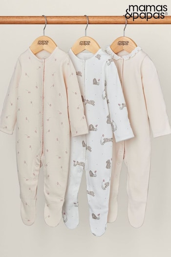 Mamas & Papas Pink Bunny Floral Sleepsuits 3 Pack (B53579) | £22