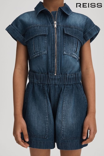 Reiss Blue Josie Senior Denim Zip-Front Playsuit (B53805) | £60