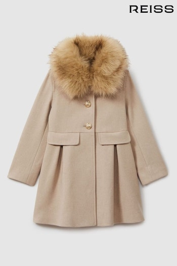 Reiss Oatmeal Nicole 13-14 yrs Faux Fur Collar Wool Blend Coat (B53816) | £136