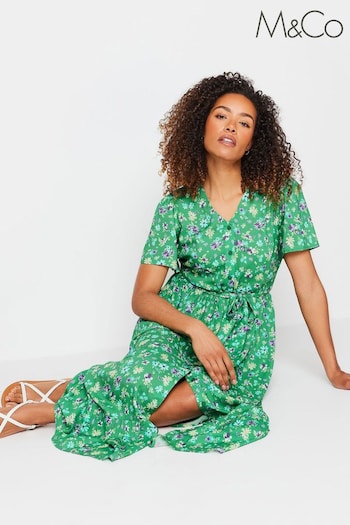 M&Co Green Floral Print Tie Waist Short Sleeve Maxi Enge Dress (B53947) | £34