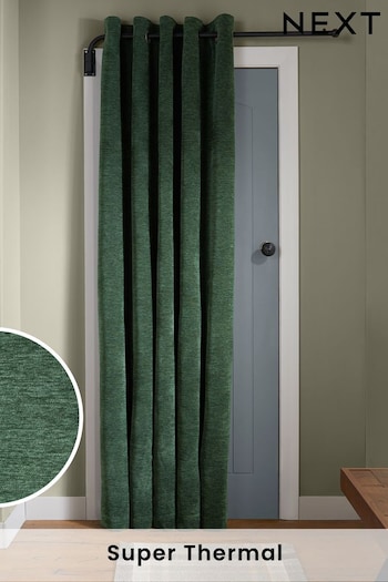 Green Soft Touch Chenille Super Thermal Eyelet Door Curtain (B54025) | £0