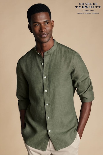 Charles Tyrwhitt Green Plain Slim Fit Pure Linen Collarless Shirt (B54186) | £70