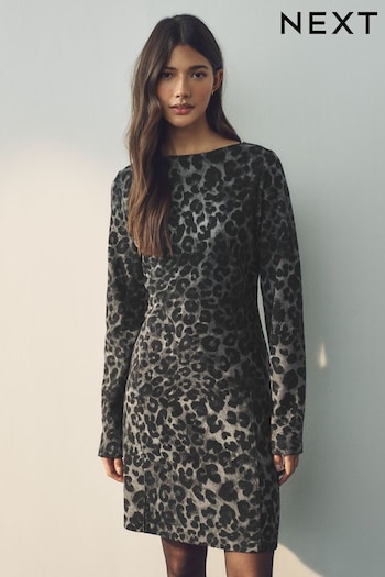 Grey Animal Print Mini Cosy Soft Touch Rib Seam Detail 100% Cotton Dress (B54225) | £38