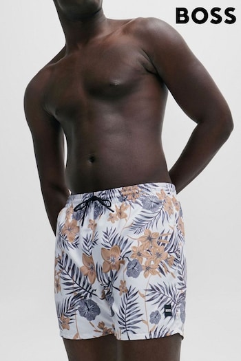 BOSS White Tropical-Print Quick-Drying Swim high Shorts With Logo Badge (B54338) | £69