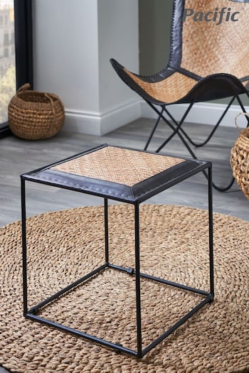 Pacific Natural Ezio Black Leather, Woven Rattan and Iron Stool (B54441) | £129.99