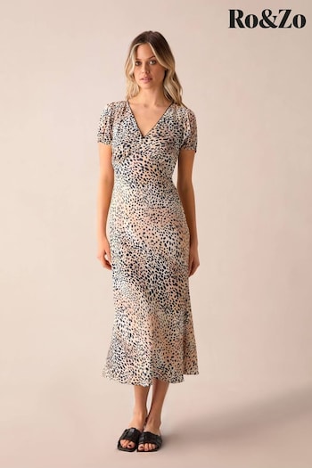 Ro&Zo Leopard Print Puff Sleeve Midi Brown Dress (B54443) | £89