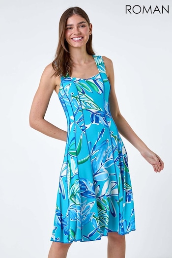 Roman Blue Leaf Print Stretch Panel Dress (B54540) | £42