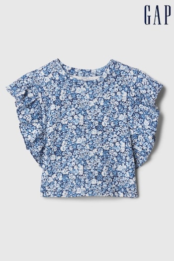 Gap Blue Floral Crinkle Cotton Print Ruffle Sleeve Baby Top (12mths-5yrs) (B54849) | £10