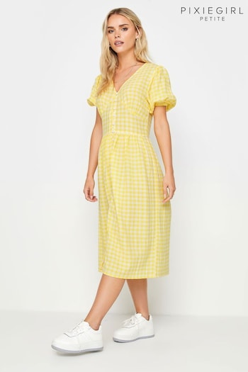 PixieGirl Petite Yellow Yellow Gingham Print Button Through Midi Dress (B54856) | £34