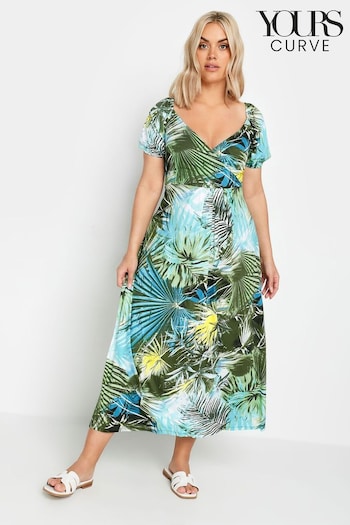 Yours Curve Blue Leaf Print Wrap Maxi Dress (B55124) | £37