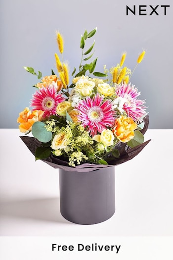 Pastel Gerbera and Rose Fresh Flower Bouquet in Hatbox (B55161) | £42