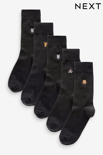 Black Safari Animals Fun Embroidered Socks 5 Pack (B55567) | £14