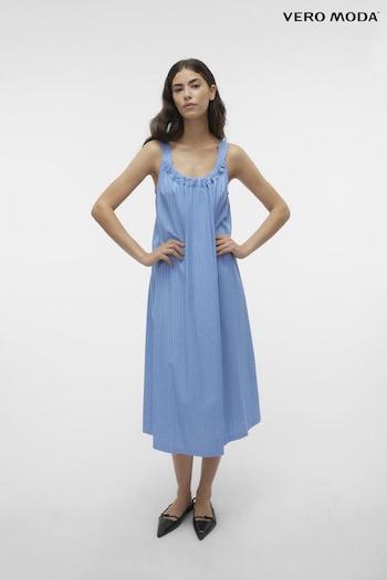 VERO MODA Blue Pinstripe Cami Maxi Dress With Tie Back (B55644) | £38