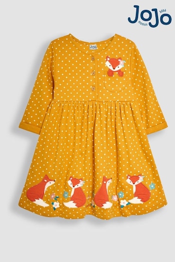 JoJo Maman Bébé Mustard Fox Appliqué Button Front Dress (B55692) | £23