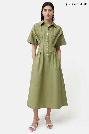 Jigsaw Green Cotton Stitched Pleat Dress (B55726) | £165