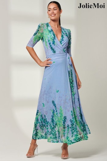 Jolie Moi Light Blue Kinley Print Wrap Mesh Maxi Dress (B55759) | £79