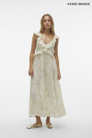 VERO MODA Cream Ruffle Tie Back Floral Maxi Dress (B56034) | £38