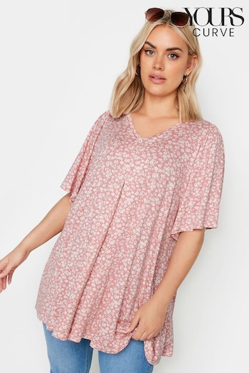 Yours Curve Pink Ditsy Floral Pleated Angel Sleeve Swing Top (B56069) | £24