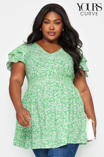 Yours Curve Green Ditsy Print Flutter Sleeve Peplum Top (B56087) | £27