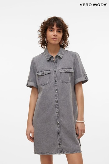 VERO MODA Grey Utility Denim Short Sleeve Shirt Dress (B56203) | £38