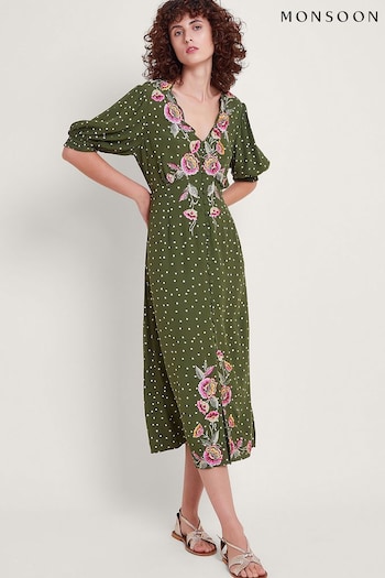 Monsoon Green Myla Embroidered Tea Dress Fitted (B56414) | £110