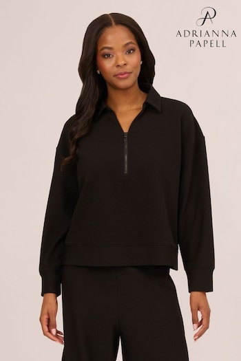 Adrianna Papell Ottoman Rib Zip Front V-Collar Knit Black Sweat Top (B56512) | £49