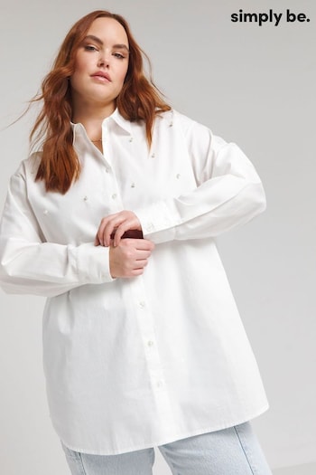 Simply Be Oversized Pearl Embellished Poplin White Shirt (B56750) | £28