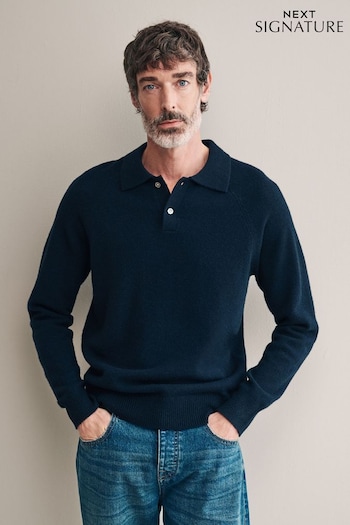 Navy Blue Polo Neck Regular Fit Signature 100% Merino Wool Midweight Jumper (B56944) | £60