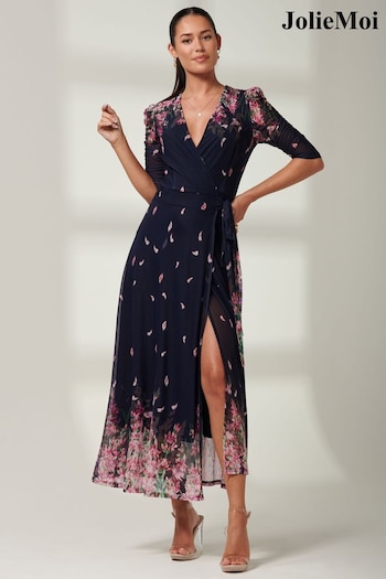 Jolie Moi Blue Elkana Mirrored Floral Mesh Maxi Dress (B56985) | £79