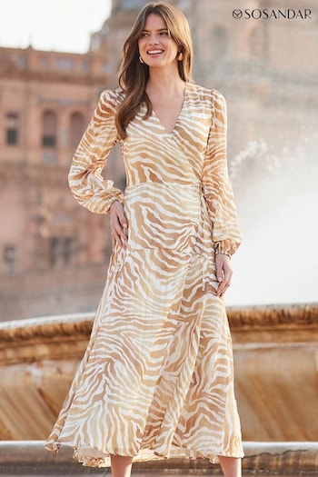 Sosandar Brown Animal Print Blouson Sleeve Wrap Maxi Dress (B57084) | £79