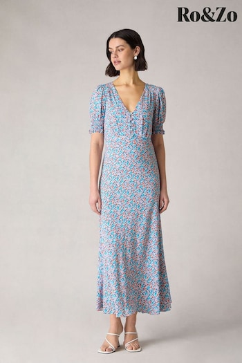 Ro&Zo Petite Blue Ditsy Print Shirred Cuff Midi Dress (B57161) | £99