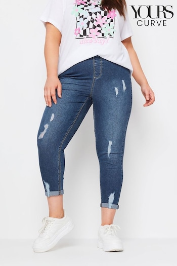 Yours Curve Mid Blue Grace Turn Up Ripped Cropped Jeggings (B57325) | £29