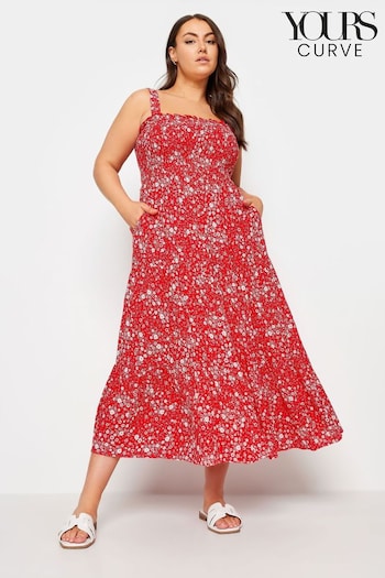 Yours Curve Red Black Abstract Print Shirred Maxi built-in Dress (B57388) | £34