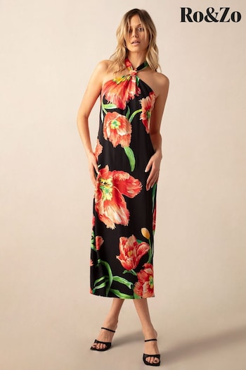 Ro&Zo Lyra Black Floral Halterneck Dress (B57509) | £149